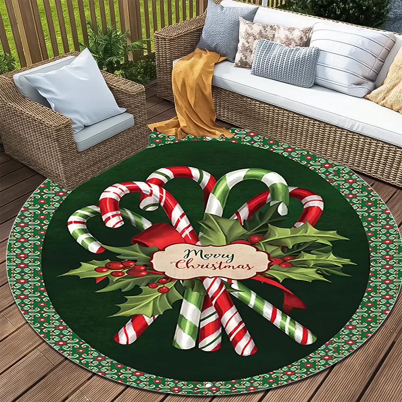 Christmas Candy Green Leaves Round Rug, Plush Flannel Thick Mat for Home Office Decor, Machine Washable Polyester Carpet