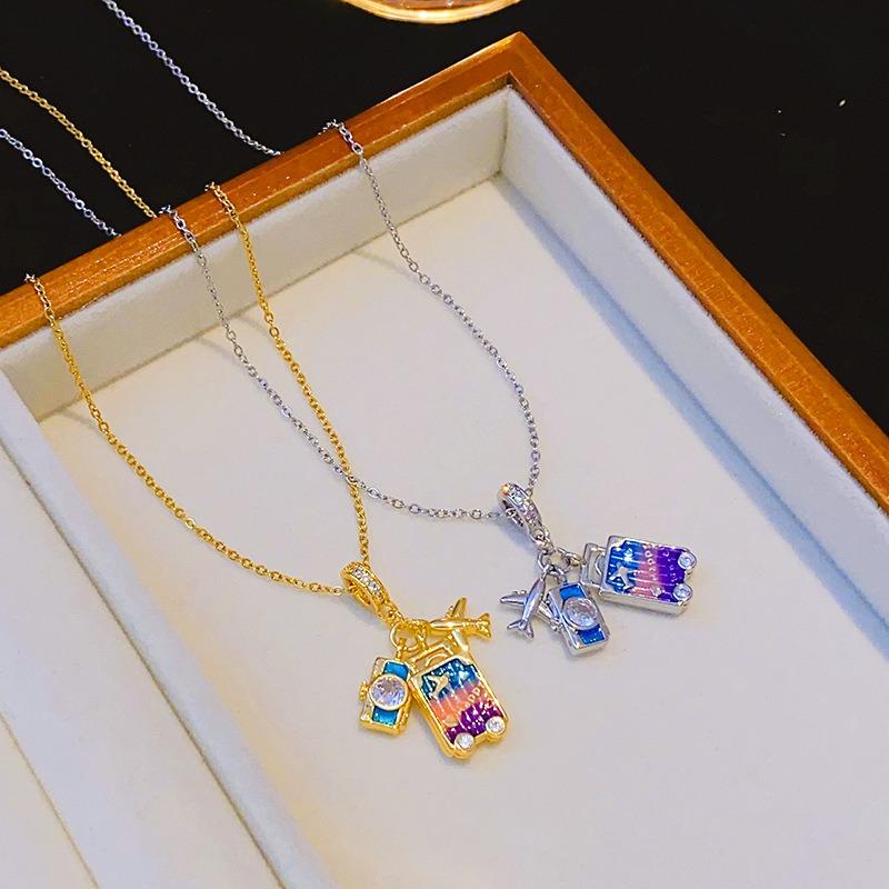 Womens Light Luxury Rainbow Drip Oil Airplane Travel Pendant Clavicle Necklace