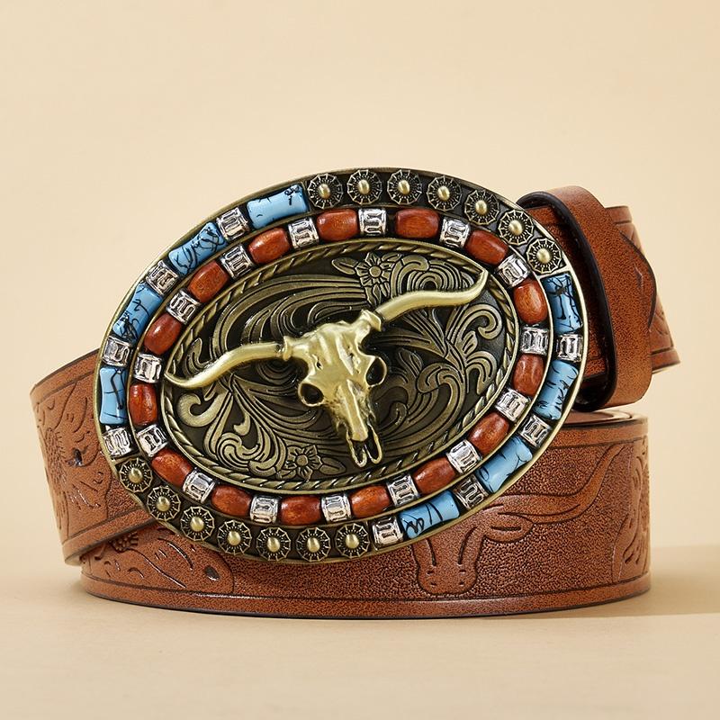 

Women s Cowboy Belt Western Leather Cowboy Longhorn Bull Pattern Buckle Floral Engraved Buckle Belts 130cm