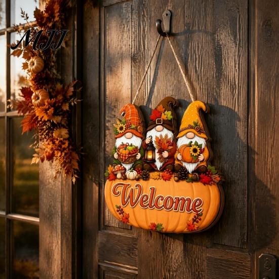 Thanksgiving Holiday Decoration Autumn Pumpkin Gnome Welcome Sign for Front Door, Rustic Wood Hanging Durable Solid Plaque Ornament with Hemp