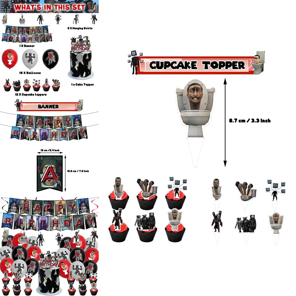 Skibidi Toilet Theme Birthday Party Decoration Kit Monster Birthday Cake Topper Paper Flag Balloons And More!