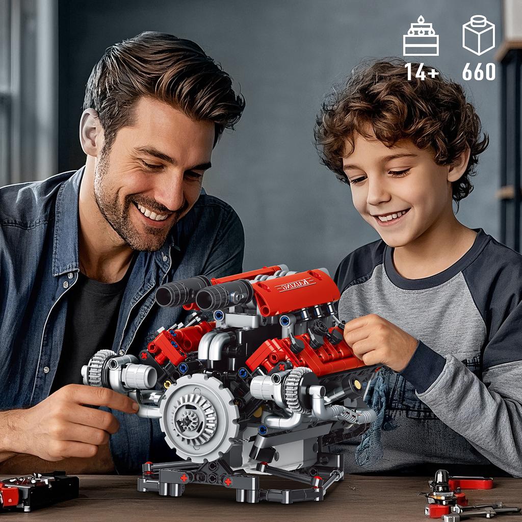 653PCS Red V8 Engine Building Blocks Set LED APP Programming Motor Drive Supercar Engine Bricks Toys for Adult Kid Gift