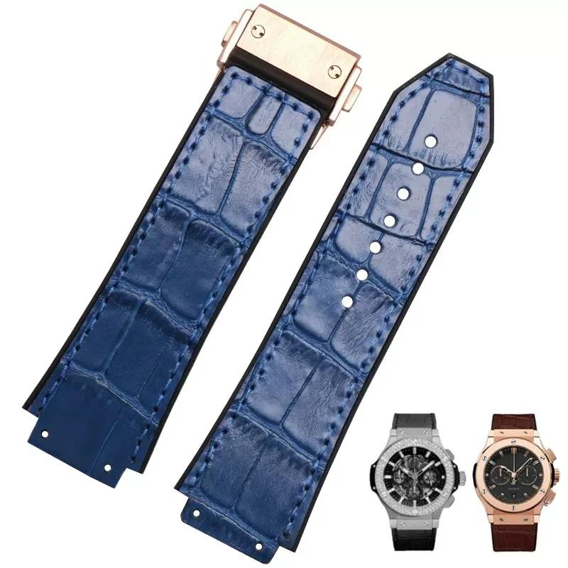26X19mm Real Cow Leather Rubber Watchband for HUBLOT Classic Fusion Universe Big Bang Series Men belt Watch band butterfly Buckl