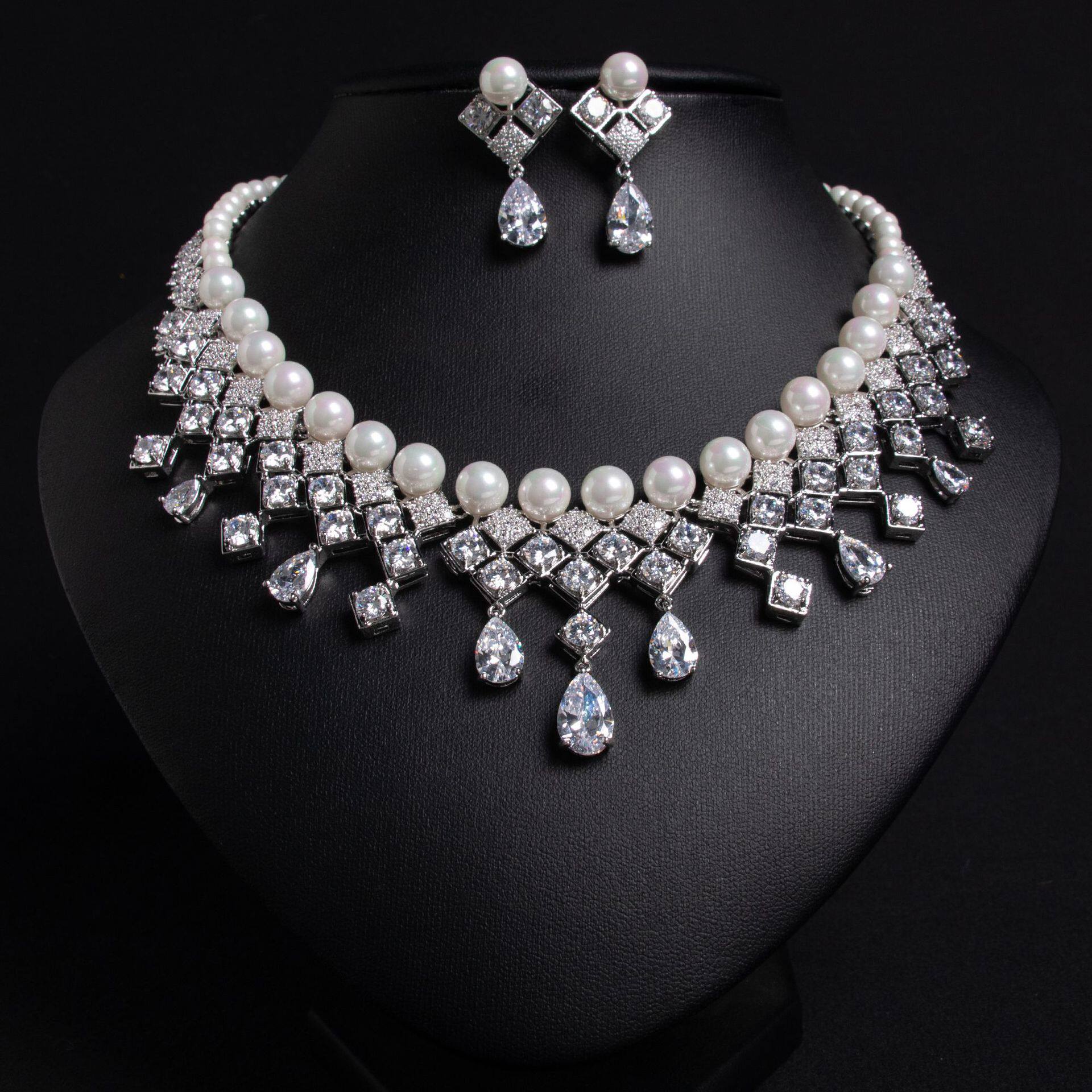 Royal Pearl CZ Jewelry Set Gold Plated Aquamarine Teardrop Pendant Necklace Earrings for Bride Wedding Accessories