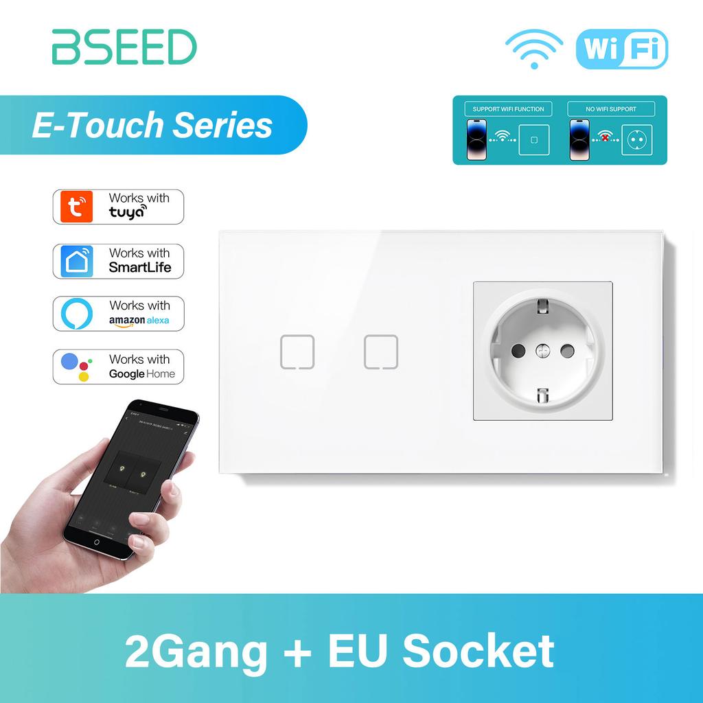 BSEED 1/2/3/4Gang WIFI Dotykový vypínač Skleněný Chytrý nástěnný vypínač Dotyková obrazovka Podsvícení Telefon Rychlé nabíjení USB C Zásuvka Řada E
