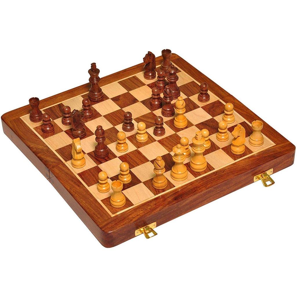 Kid Wooden Folding Handmade Chess Board Set With Magnetic Pieces With Extra Queen, 2 Players | 12.5X12.5 Inches |Multicolored