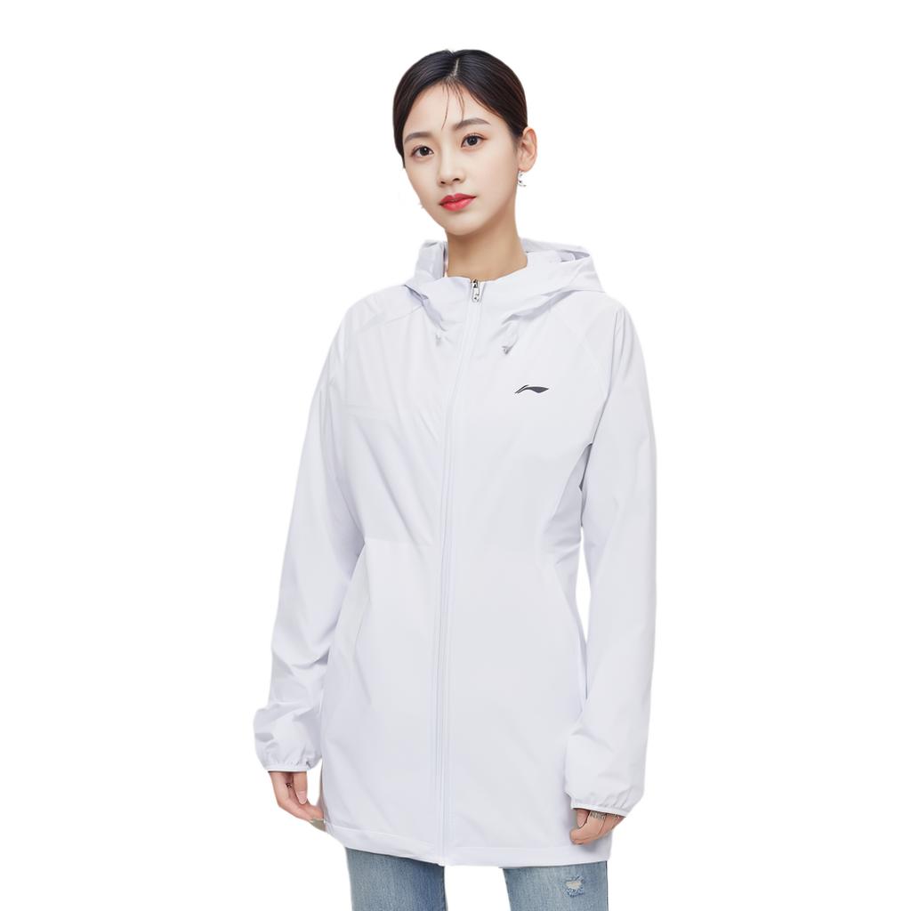 Lining Running Series Solid Color Zipper Hooded Long Sleeve Sun Protection Windbreaker Women Outerwear White AFDT182-2
