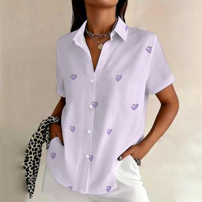 Simple and Personalized Love Print Summer Women's Plus Size Lapel Short Sleeved Shirt Fashionable Daily Versatile Casual Top