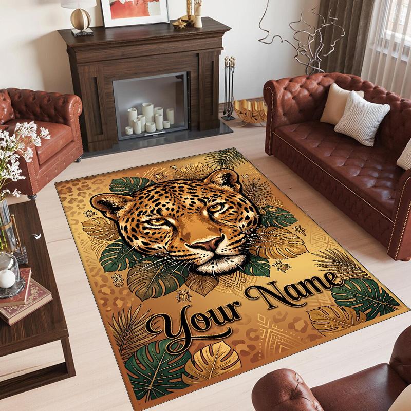 Leopard Theme Crystal Velvet Floor Rug Personalized Custom Name Text Warm Carpet Home Decoration