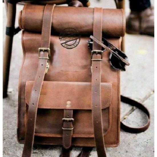 Vintage Genuine Goat Leather Rucksack Backpack Luggage Hiking Camping Travel Bag