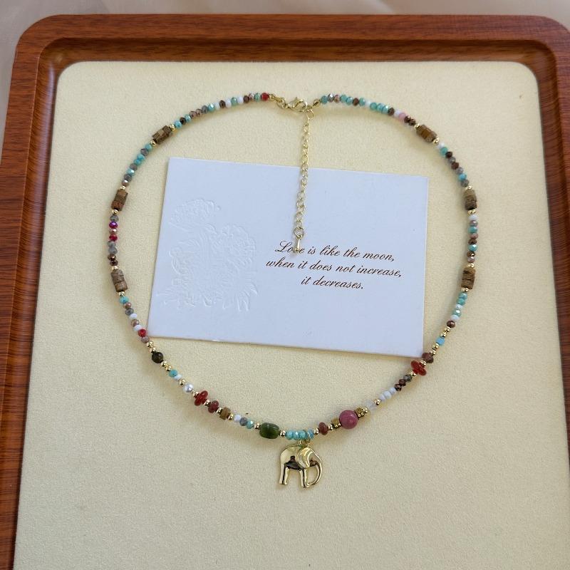 Natural Stone Beaded Auspicious Little Elephant Necklace for Women, High-end Sweater-style Neck Chain Accessory