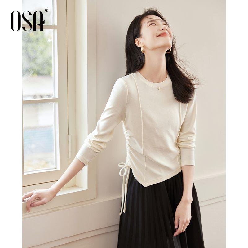 

OSA OSHA Retro Maillard T-shirt Female 2024 Fall New Arrival Slim Looking Fishbone Stylish Drawstring Inner Wear Blouse Beige L