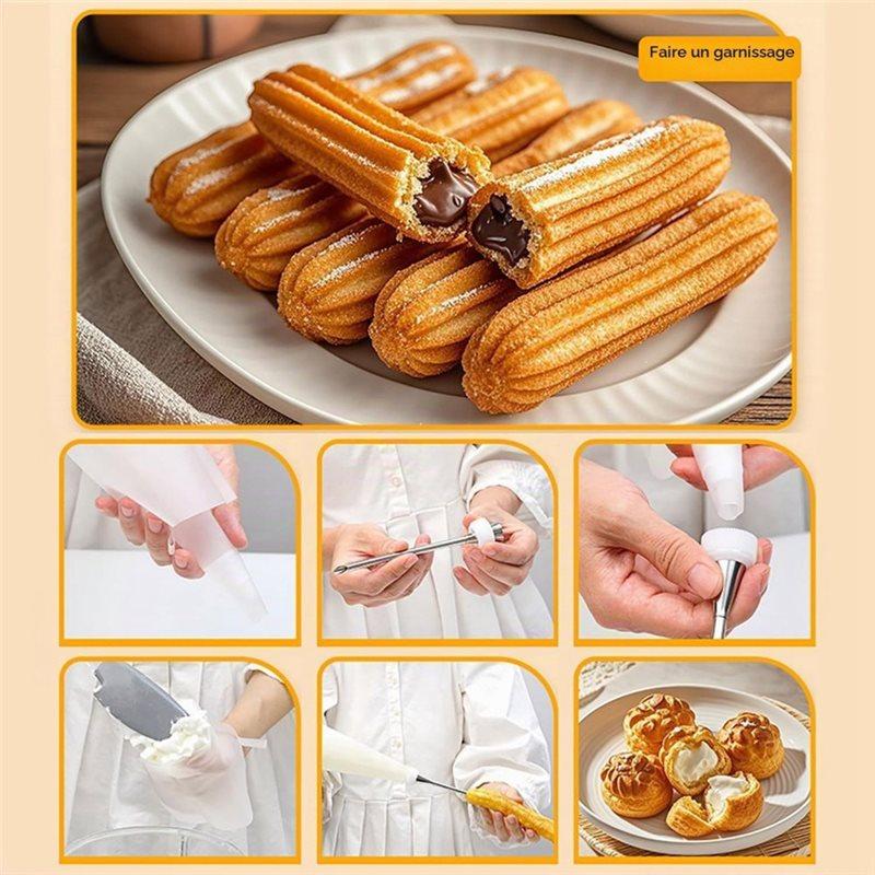 ABYN-Churros Biscuit Press With Stainless Steel Churro Maker(9 Nozzles), 12 Discs& Cake Decorating Tools For Home Baking Set