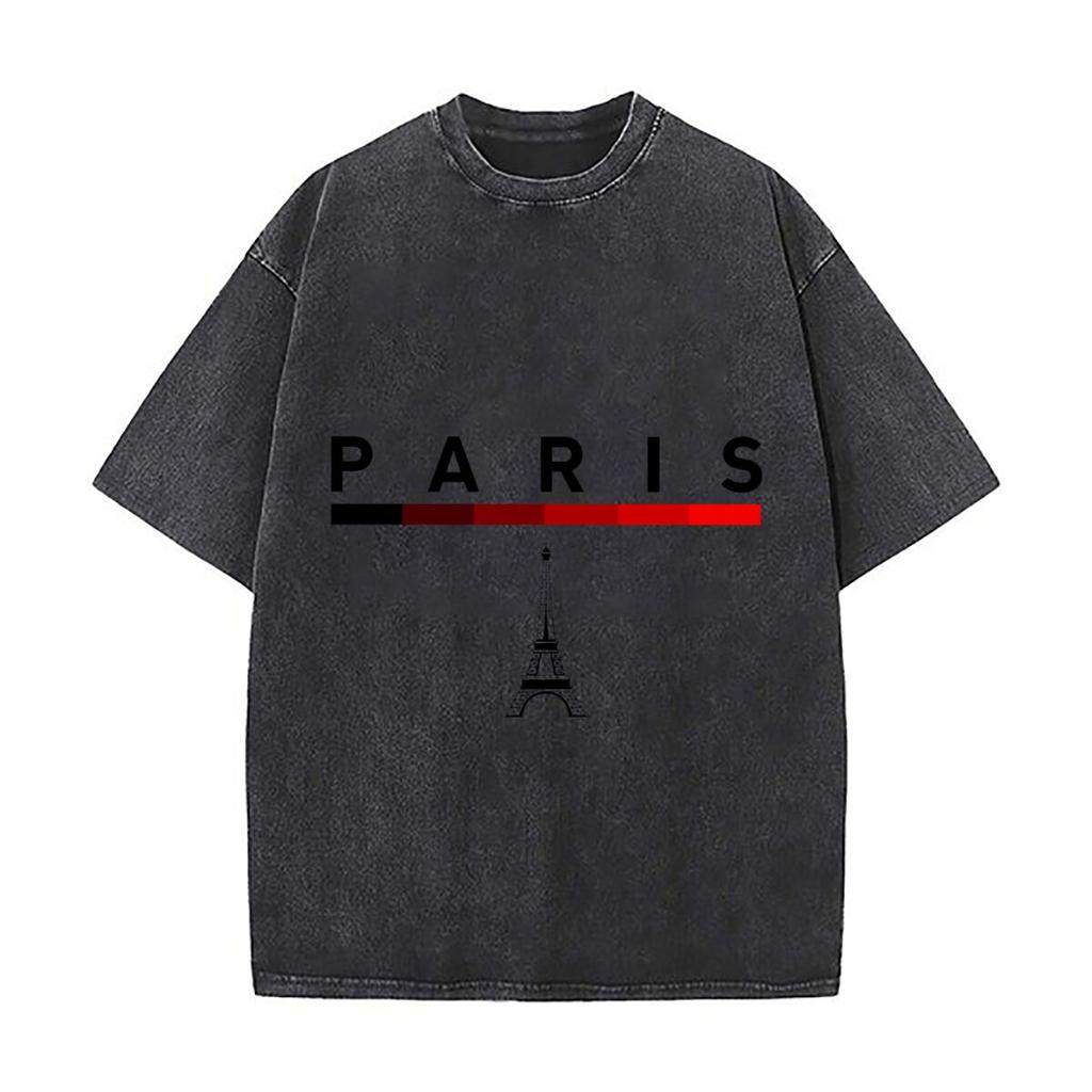 Paris Minimal Color Bar Typography Retro Washed Distressed T Shirt Men Summer Casual Short Sleeve