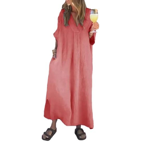 Women's Loose Maxi Dress V-Neck Short Sleeve Long Dress Summer Casual A-Line Beach Sundress