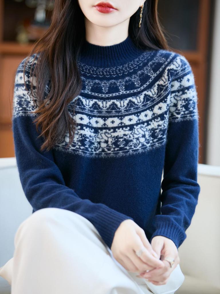 Women's Jacquard Wool Sweater: Half-High Collar, Exquisite Pattern, Loose Fit, Perfect for Autumn and Winter