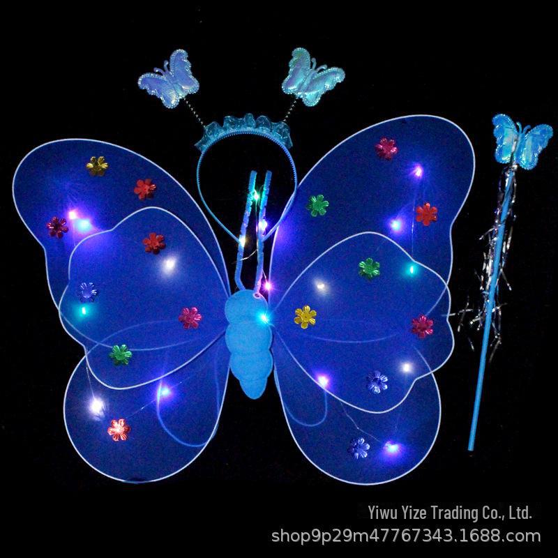 Children's Glow Angel Costume: Girl's Gauze Skirt with Flashing Wings and 20-Light Butterfly Design, 3-Piece Set.