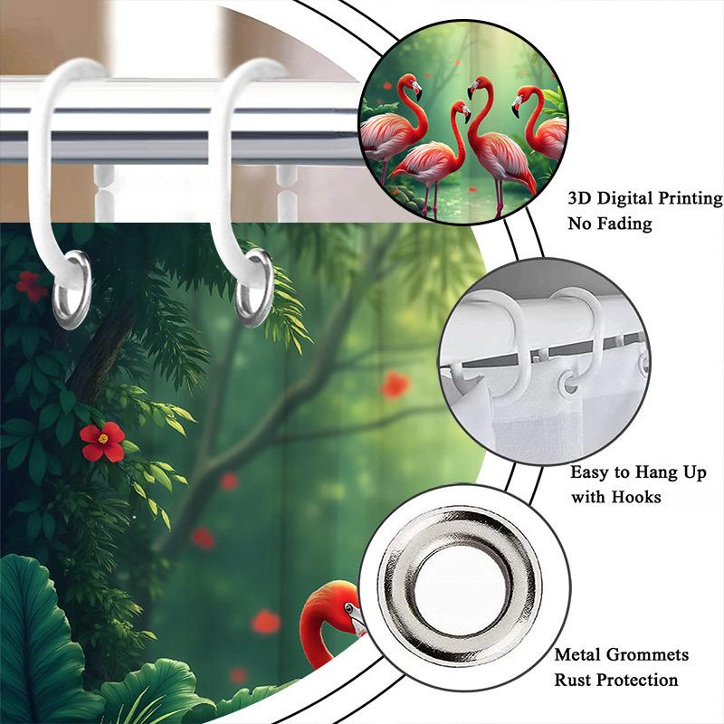 1pc Flamingos In Tropical Forest Digital Painting Shower Curtain Lush Natural Scene Design Polyester 70.8x70.8inch with 12 Hooks