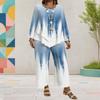 Women Plus Size Blue White Printed Round Neck Long Sleeve Layered Top Wide Leg Pants Two Piece Set