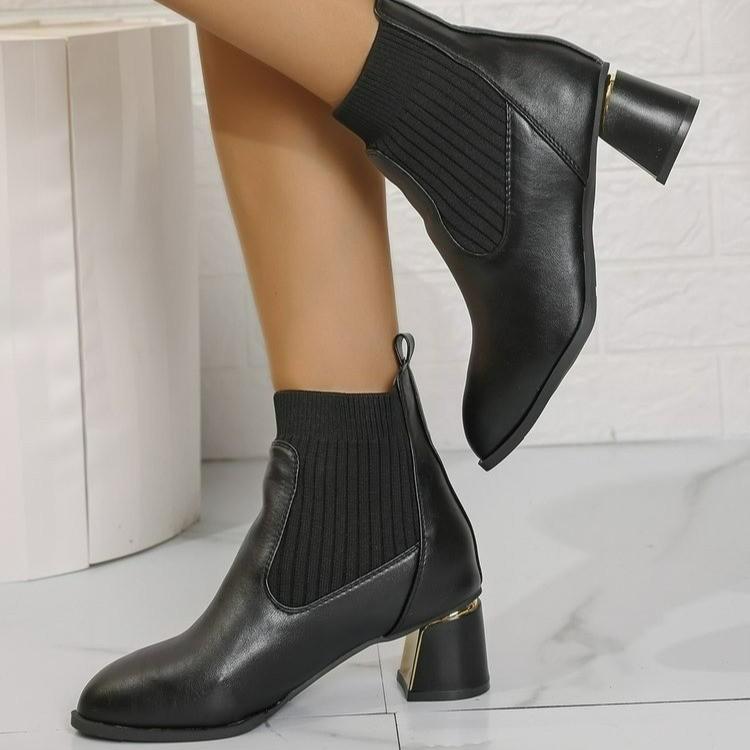 Female Ankle Boots Black Leather Footwear Short Shoes for Women Elegant with Medium Heels Sock Booties Spring Autumn Waterproof