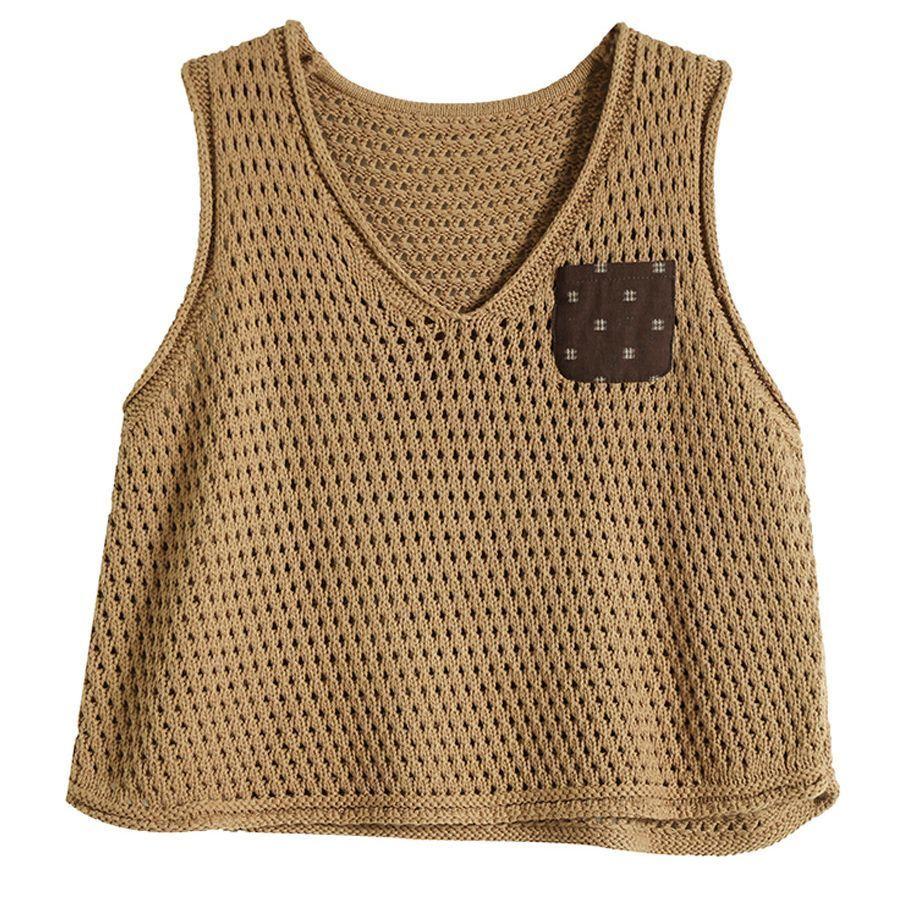 Women's Original Artistic Knitted Vest Appliqué Paneled Solid Color Cotton Thread Hollow-Out Sleeveless Pullover V-Neck Vest