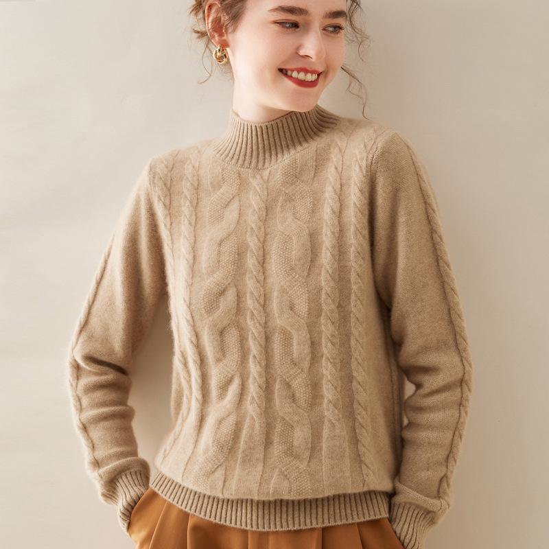 

Женский кашемировый пуловер кабельной вязки - Полувысокий воротник, Длинный рукав, Однотонный, Теплый и повседневный базовый слой Extra Extra Large