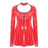 Women Latex Dress Deep V Neck Mesh Long Sleeves Mini Dress Shiny Faux Leather Dress Halloween Costume Rave Party Punk Club Wear