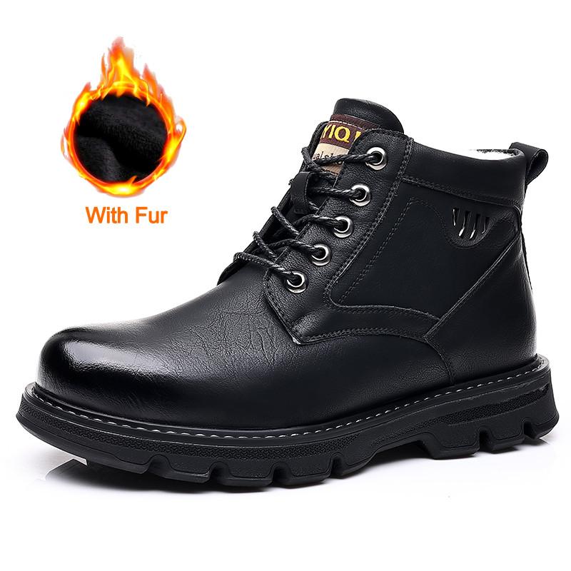 Fashion Genuine Leather Mens Tooling Boots Winter Outdoor Non-Slip Snow Boot Wool Fur Casual Shoes Man Ankle Boots Waterproof Snow Boots