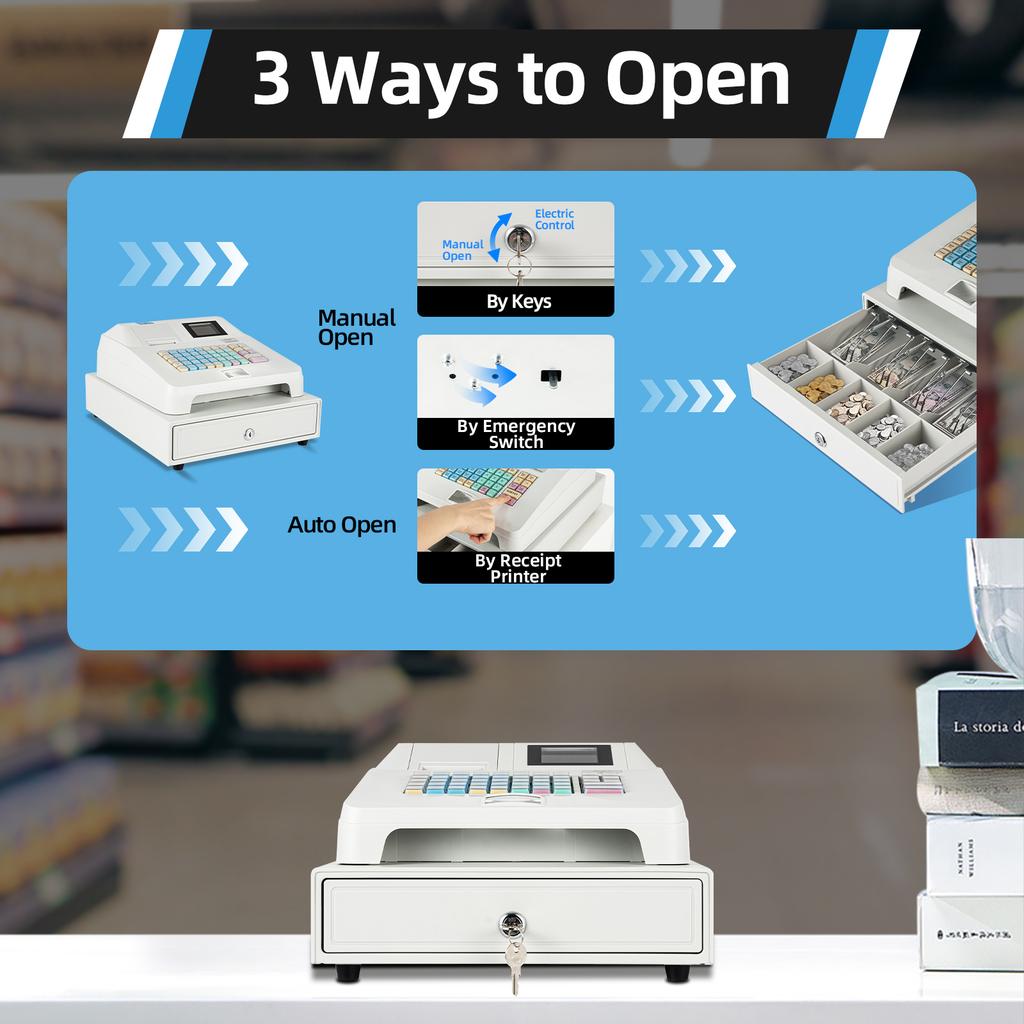 48 Keys Electronic Cash Register, Cash Register with Drawer &Thermal Printer POS Bill Coins System for Retailers (White)