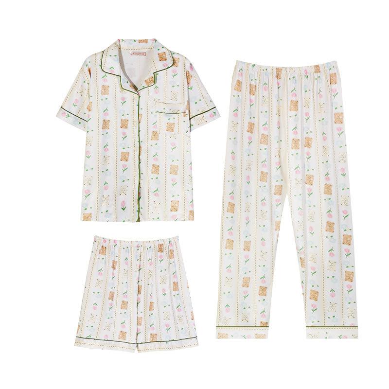 Bear pajamas women's summer short-sleeved shorts and trousers three-piece set women's loungewear can be worn outside