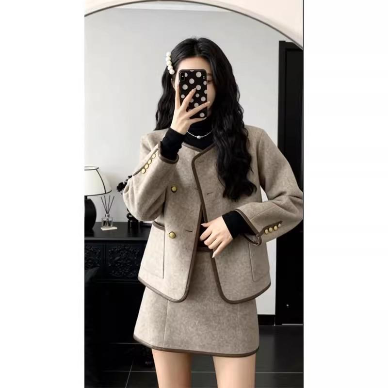French Chic Autumn/Winter Wool Coat & Skirt Set - Elegant Trendy Attire