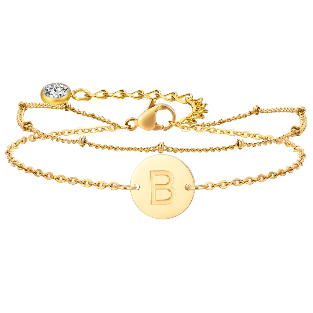 Stainless Steel Polished Round Plate Letter A-Z Double Layer Stacked Bracelet for Women 14K Gold Color Charm Wrist Jewelry Gifts