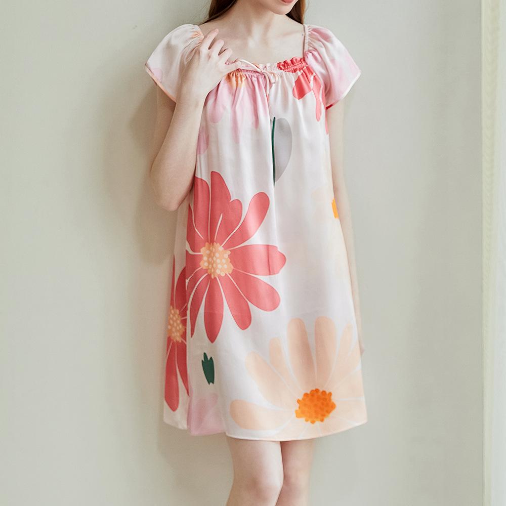 Women's Summer Short Sleeve Printed 100% Mulberry Silk Pajama Dress - Mid-length, Plus Size, Loose-fit Nightgown