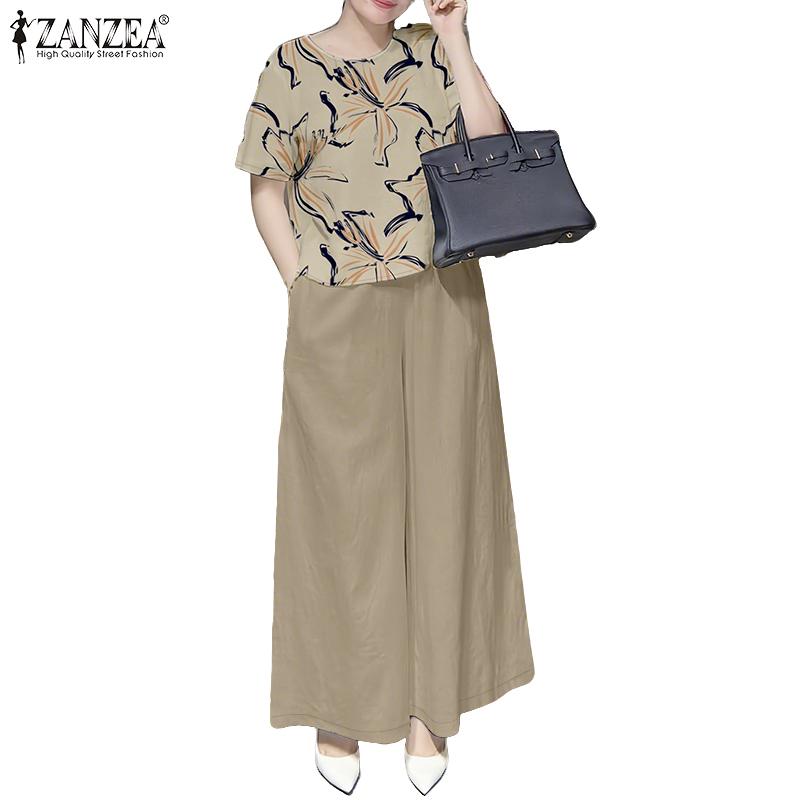 ZANZEA Women Short Sleeve Print Blouse and Pants Summer Two Piece Suit Sets