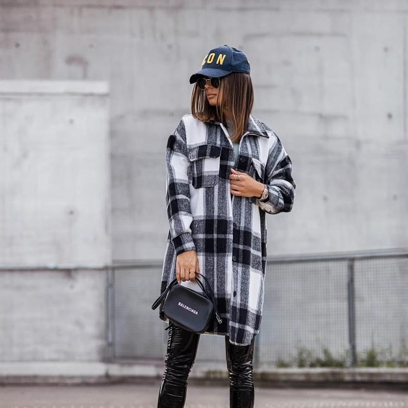 Women Fashion Winter Warm Comfortable Long Sleeve Lapel Two Pocket Plaid Woolen Coat Outerwear