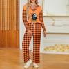Conjunto de pijama de manga larga con cuello en V y corte holgado para mujer con estampado de Halloween y bolsillos