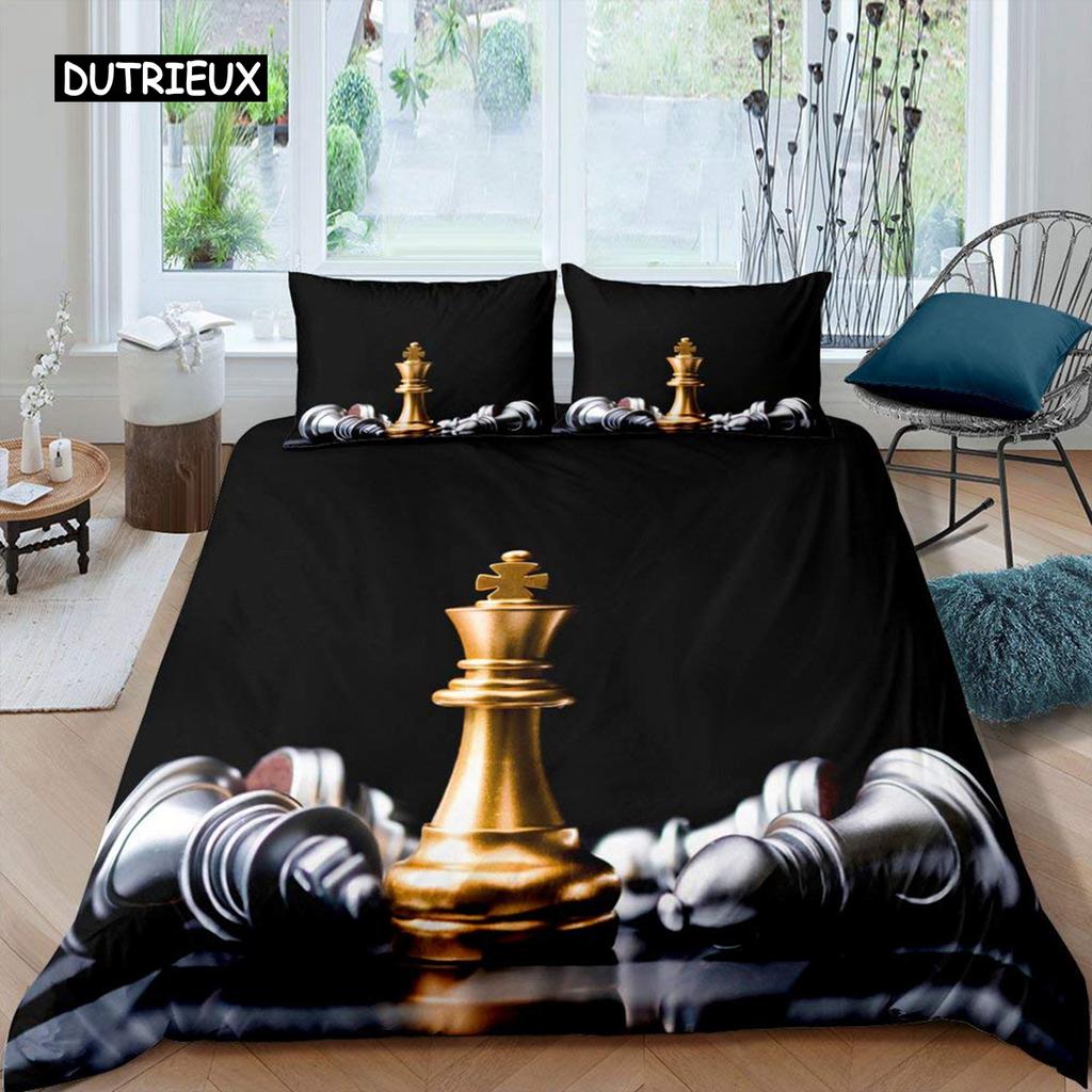 Bettbezug-Set mit internationalem Schachmotiv, Queen-Size-Bettwäscheset für Schachliebhaber, für Kinder und Erwachsene, Mikrofaser, schwarze Basis, 2/3-teiliger Bettbezug