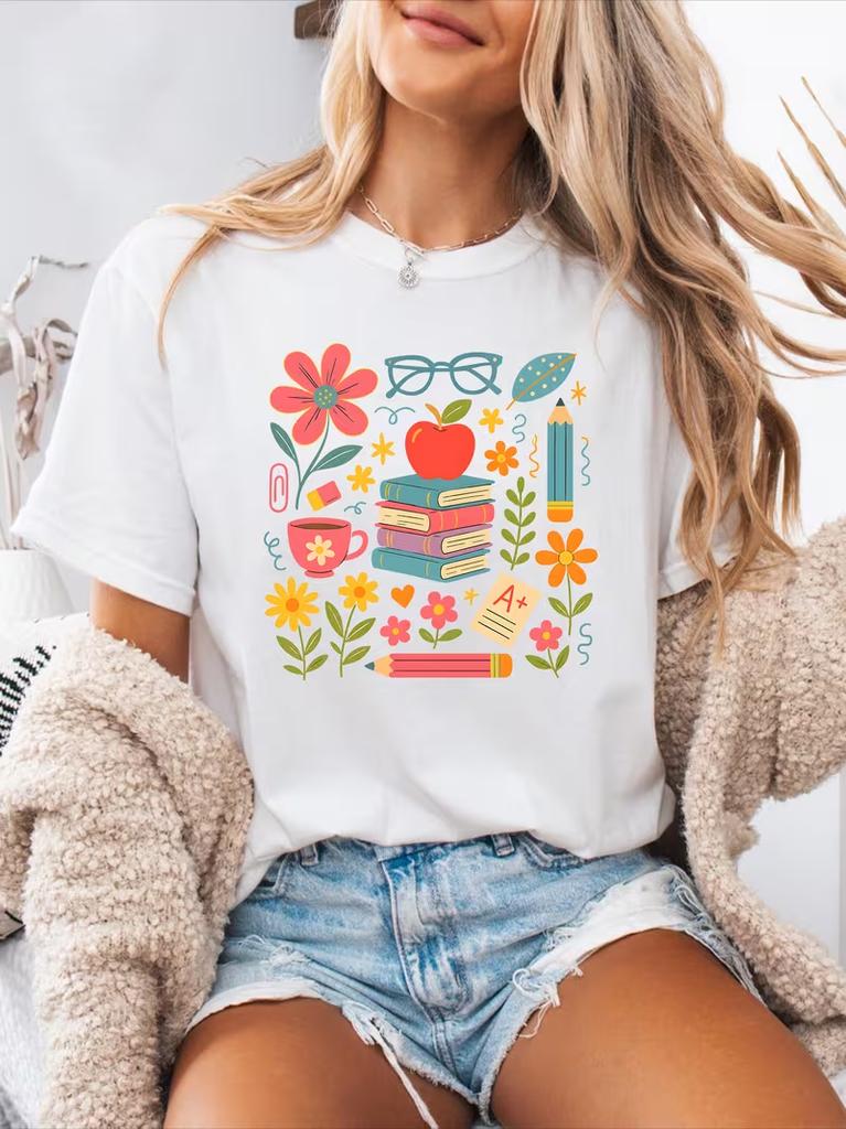 Floral Teacher Print Spring And Summer Casual T-Shirt Round Neck Short-Sleeved Sports T-Shirt Women'S Top