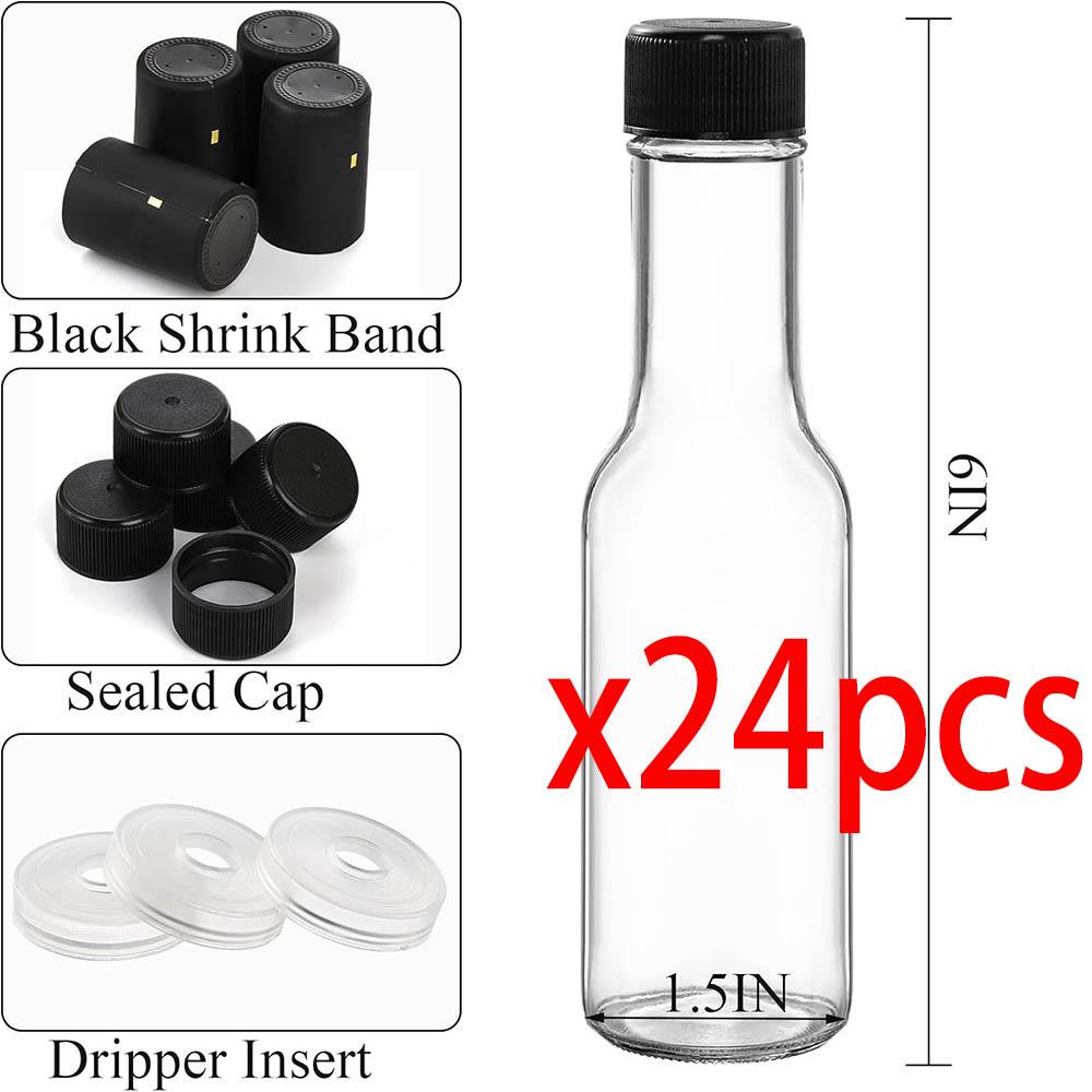 Small Glass Bottle,3oz Glass Woozy Bottle,Empty Mini Hot Sauce Bottles,Clear Liquor Wine Bottles with Shrink Capsule,Black Caps
