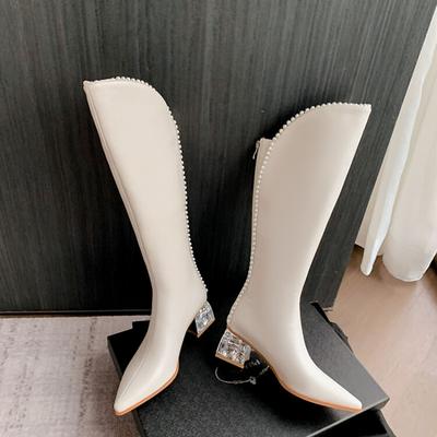 Mode Noir Blanc Cuir de Vache Bord Perlé Rétro Bottes Hautes au Genou Nouvel Automne Hiver Talon Bas 5.5cm Déplacements Shopping Mode Chaud Bottes Longues