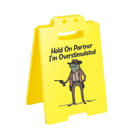 1/2/3Pcs Caution Overstimulated Desk Sign Cowboy Frog Hold On Partner I'm Overstimulated Mini Table Sign Home Office Decoration Coworkers Gag Gift
