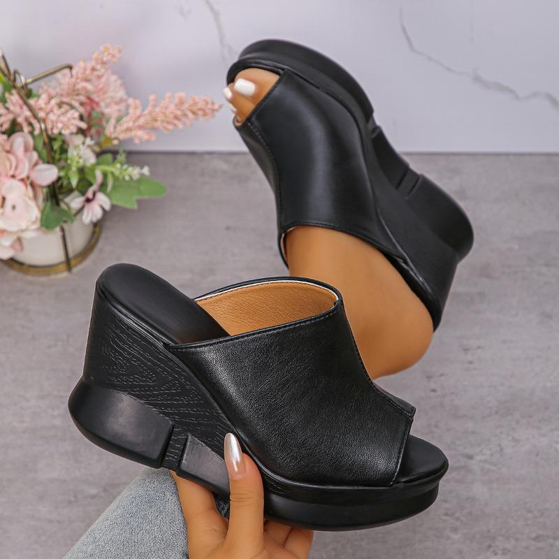 Fashion Super High Heel Fish Mouth Slippers Summer New Round Toe Open Toe Platform Anti-slip Wear-resistant Wedge Heels