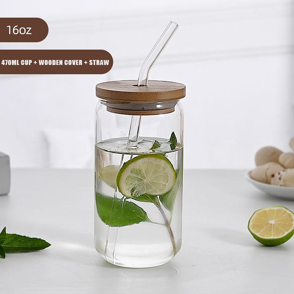 470ml/550ml Glass Cup with Bamboo Lid and Straw Bubble Tea Cup Glasses Cups Transparent Beer Can Coffee Cup Cold Wine Cola