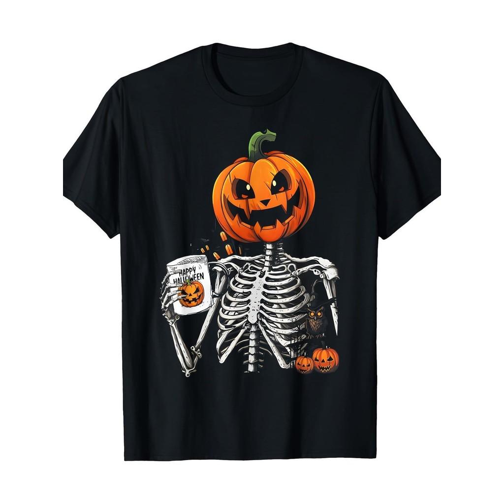 American Halloween themed pumpkin skull printed cotton short sleeved women's fashionable top