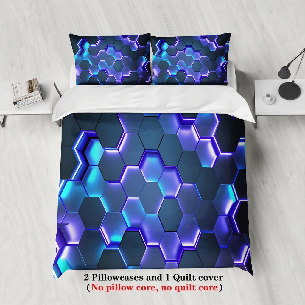 3pcs Hexagon Pattern Bedding Sets 3D Printed Blue Purple Geometric Duvet Cover Sets With Pillowcases No Filling Cool Visual