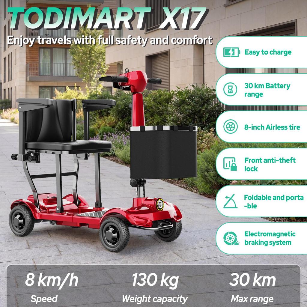 TODIMART X17 Foldable Mobility Scooter for Adults, 30km Range, 130 kg Load Capacity, Anti-Tip Design, Replaceable Battery, Portable Mobility Scooter
