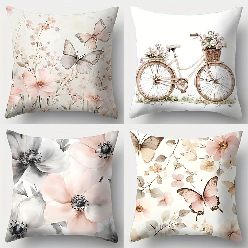 4Pcs Set, Sofa Pillow Case, Flower Bicycle Pillow Case,45X45Cm, Single-Sided Print, Home Decoration, Sofa Waist Pillow Cas