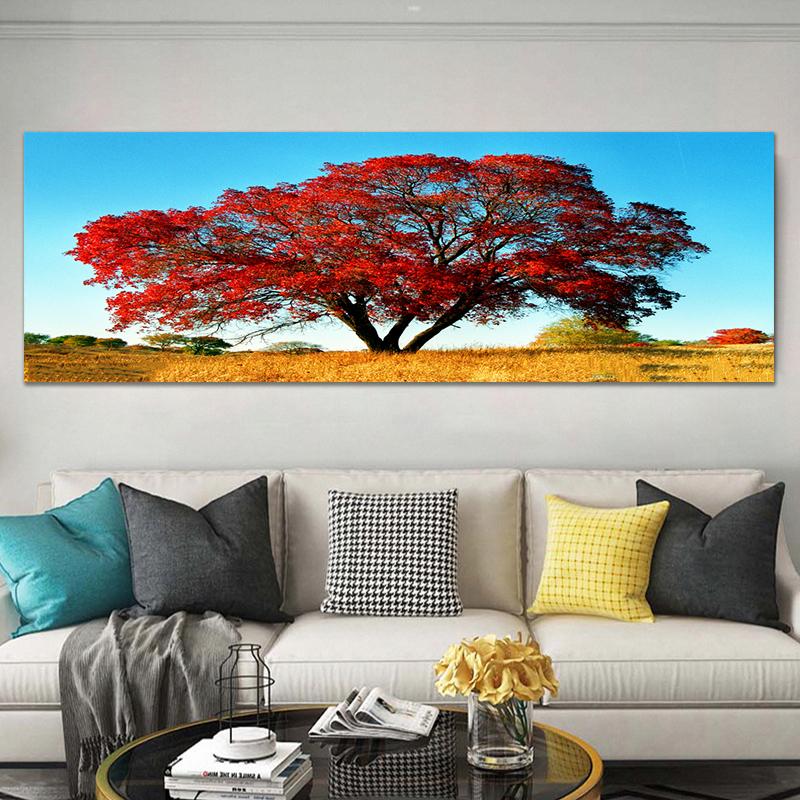 Landscape Red Green Gold Tree Leaf Sunshine Canvas Painting Poster and Prints Wall Art Pictures Living Room Home Decor No Frame