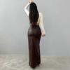 Faux Leather Maxi Skirt Solid Color High Waist Slit Hem Maxi Skirt Windproof Velvet Lining Straight Fit Long Skirt