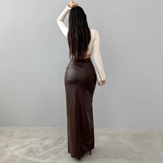 Faux Leather Maxi Skirt Solid Color High Waist Slit Hem Maxi Skirt Windproof Velvet Lining Straight Fit Long Skirt